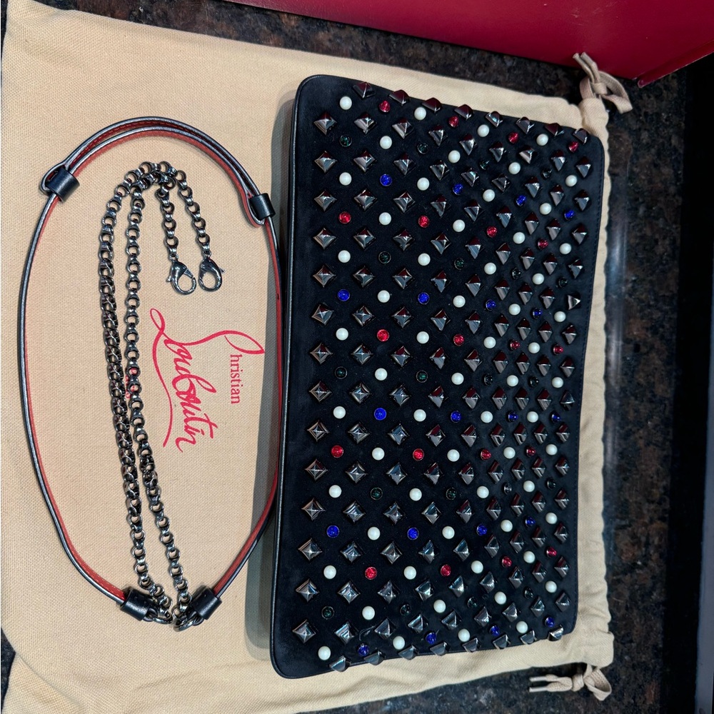 Handbags Christian Louboutin Black Suede Loubiposh Spiked Tudor Clutch Bag - Picture 7 of 9
